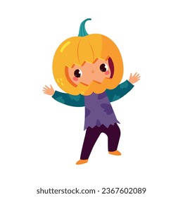 Happy Boy Character at Halloween Party Celebration in Jack o Lantern Costume Vector Illustration