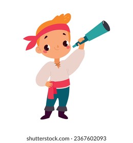 Happy Boy Character at Halloween Party Celebration in Pirate Costume with Telescope Vector Illustration