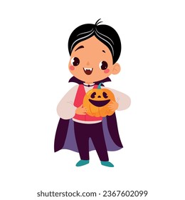 Happy Boy Character at Halloween Party Celebration in Dracula Costume with Pumpkin Vector Illustration