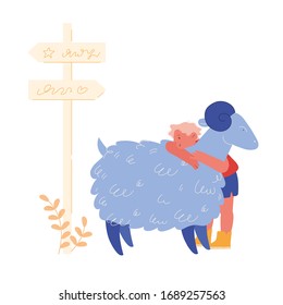 Happy Boy Character Hugging Cute Sheep in Farm Zoo. Care of Pets, Excursion to Ranch or Village Farmyard, Summer Spare Time, Family Leisure. Communication with Animals. Cartoon Vector Illustration