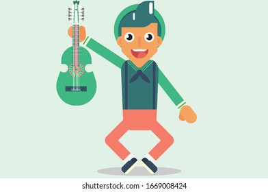 A happy boy character - An illustration of a floating and cheerful boy holding an awesome guitar. A character of a worker.