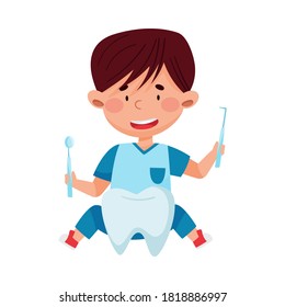 Happy Boy Character in Medical Wear Playing Doctor and Nurse Vector Illustration