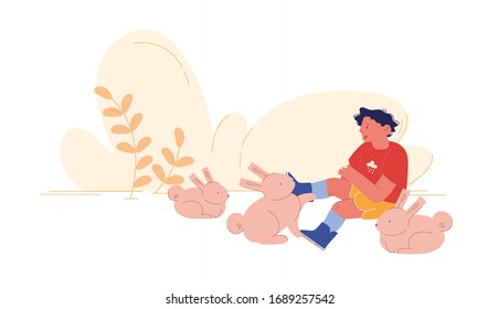 Happy Boy Character Playing with Cute Little Rabbits in Farm Zoo. Care of Animals, Excursion to Ranch or Village Farmyard, Summer Spare Time, Leisure. Kid Petting Animals. Cartoon Vector Illustration