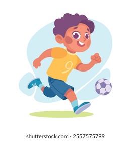 Happy Boy Character Run Play Football Game Vector Illustration