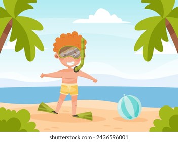 Happy Boy Character at Sea with Flipper and Snorkeling Tube Enjoy Beach Vacation Vector Illustration