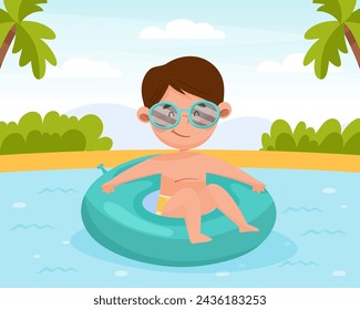 Happy Boy Character at Sea Swim in Rubber Ring Enjoy Beach Vacation Vector Illustration