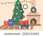 Happy Boy Character Sitting at Burning Fire Place and Decorated Fir Tree Reading Book. Kid Reading Fairy Tale Stories at Christmas Eve. Baby Enjoying Xmas Night. Cartoon People Vector Illustration