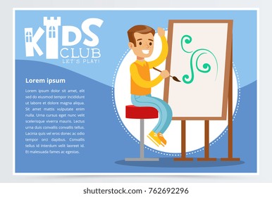 Happy boy character sitting on a stool and painting ornament on canvas. Creative child practicing arts in art class. Vector illustration.