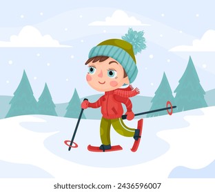 Happy Boy Character Ski Outdoor Do Sport Vector Illustration