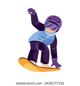 Happy Boy Character Snowboarding Do Sport and Physical Body Training Vector Illustration