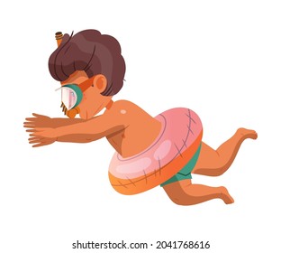 Happy Boy Character in Swimming Trunks and Goggles Floating in Sea Water Vector Illustration