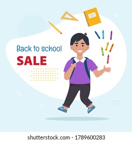 Personaje de chico feliz con mochila, caminando a la escuela. Cartel de regreso a la venta escolar. Ilustración vectorial en estilo plano