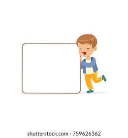Happy boy character with white empty message board, kid standing with placard vector Illustration