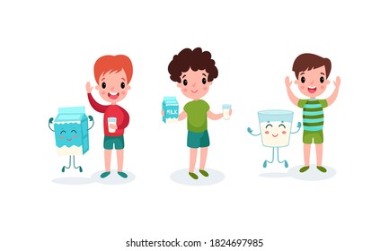 Juego de ilustraciones de dibujos de niños felices jugando con cartón de leche humanizada y vectores de vidrio