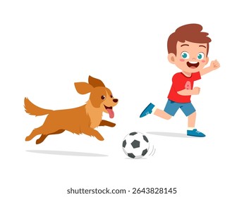 Happy Boy Chasing a Soccer Ball with His Dog Running Beside Him, Both are Cheerful