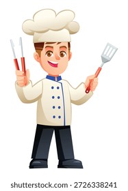 Happy boy chef character standing and holding metal tongs and a spatula. Vector cartoon illustration