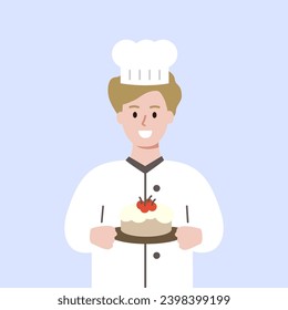 Happy boy chef holding baking cake. Education, Homemade cooking, leisure activity concept. Flat character vector design illustration.