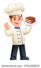 Chef menino feliz mostrando sinal ok e segurando um prato de bolo tiramisu. Ilustração de personagem de desenho animado vetorial
