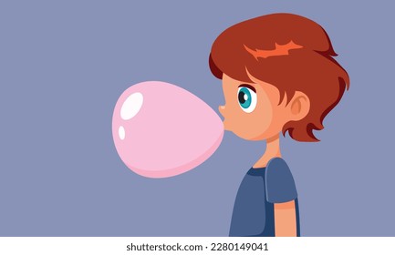 
Happy Boy Chewing Pink Bubble Gum Vector Cartoon Illustration. Cheerful child popping and chewing a pink strawberry flavored gum
