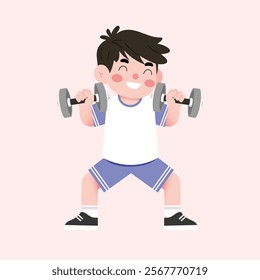 Happy Boy Child Cartoon Character Lifting Dumbbells Fitness Exercise Workout Illustration