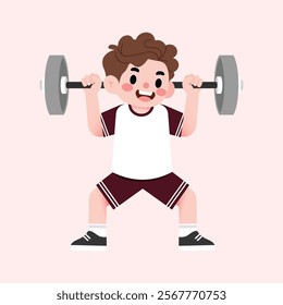 Happy Boy Child Cartoon Character Lifting Weights Fitness Exercise Strength Training