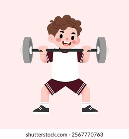 Happy Boy Child Cartoon Character Lifting Weights Fitness Exercise Strength Training Workout