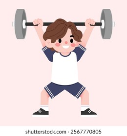 Happy Boy Child Cartoon Character Lifting Weights Fitness Exercise Strength Training