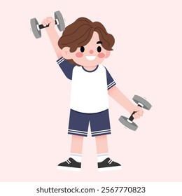 Happy Boy Child Cartoon Lifting Weights Fitness Exercise Healthy Lifestyle Illustration