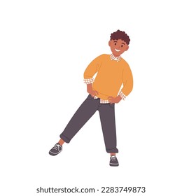 Happy boy child character doing physical exercise or dancing moving legs having fun feeling good