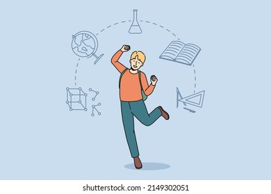 Happy boy child feel excited about being back to school. Smiling kid pupil euphoric about lessons start. Education and learning concept. Flat vector illustration, cartoon character. 