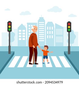 Happy Boy Child Helping Grandfather Crossing Street In Flat Design. Kids Assist Senior Man At Crosswalk Concept Vector Illustration.