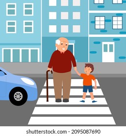 Happy boy child helping grandfather crossing street in flat design. Kids assist senior man at crosswalk concept vector illustration.