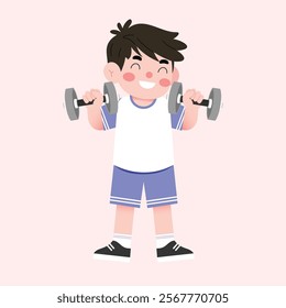 Happy Boy Child Lifting Dumbbells Cartoon Illustration Fitness Exercise Healthy Lifestyle