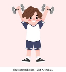 Happy Boy Child Lifting Dumbbells Exercise Fitness Cartoon Illustration
