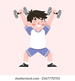 Happy Boy Child Lifting Light Dumbbells Fitness Exercise Cartoon Illustration