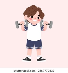 Happy Boy Child Lifting Light Dumbbells Cartoon Illustration Fitness Exercise