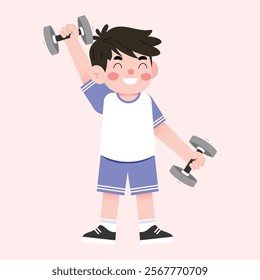 Happy Boy Child Lifting Weights Exercise Fitness Cartoon Illustration