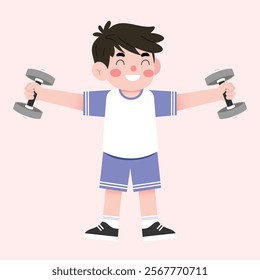 Happy Boy Child Lifting Weights Cartoon Illustration Fitness Exercise Healthy Lifestyle