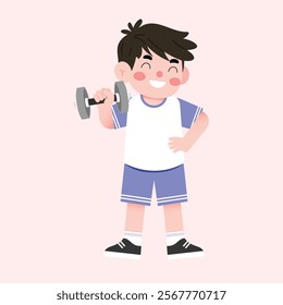 Happy Boy Child Lifting Weights Cartoon Illustration Fitness Exercise Healthy Lifestyle