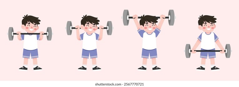 Happy Boy Child Lifting Weights Cartoon Illustration Fitness Exercise Healthy Lifestyle