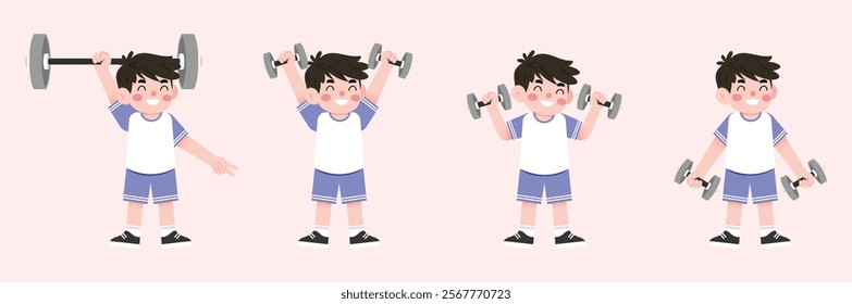 Happy Boy Child Lifting Weights Cartoon Illustration Fitness Exercise Healthy Lifestyle