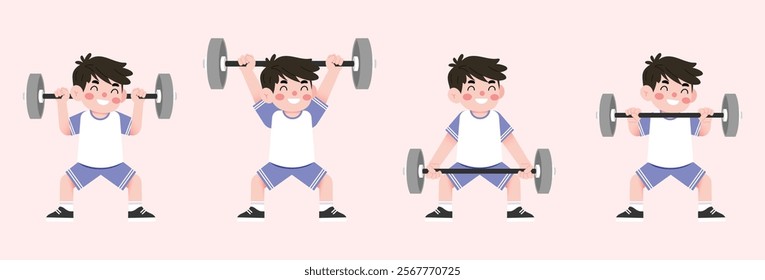 Happy Boy Child Lifting Weights Cartoon Illustration Fitness Exercise Healthy Lifestyle