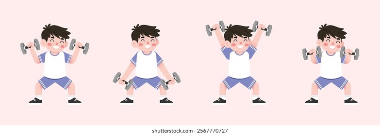 Happy Boy Child Lifting Weights Cartoon Illustration Fitness Exercise Healthy Lifestyle