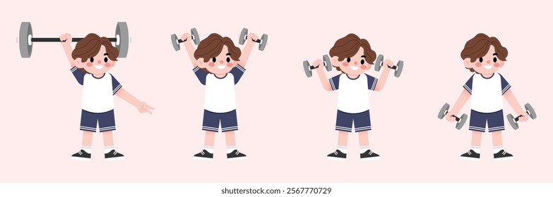 Happy Boy Child Lifting Weights Cartoon Illustration Fitness Exercise Healthy Lifestyle