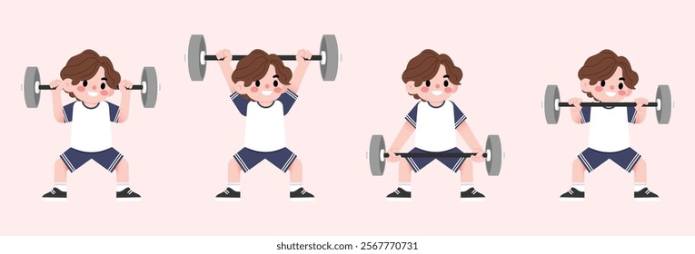 Happy Boy Child Lifting Weights Cartoon Illustration Fitness Exercise Healthy Lifestyle