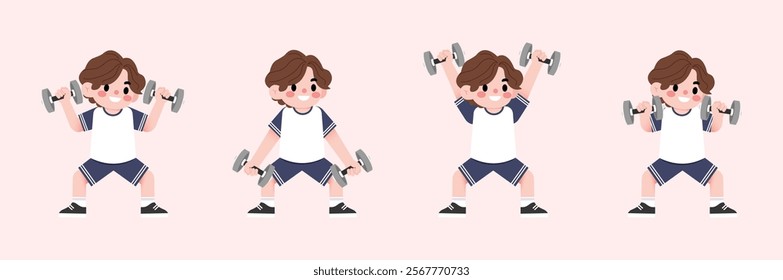 Happy Boy Child Lifting Weights Cartoon Illustration Fitness Exercise Healthy Lifestyle