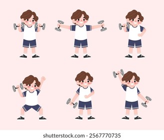 Happy Boy Child Lifting Weights Cartoon Illustration Fitness Exercise Healthy Lifestyle