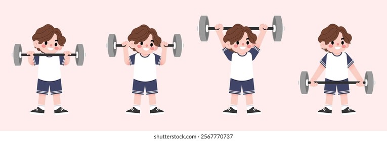 Happy Boy Child Lifting Weights Cartoon Illustration Fitness Exercise Healthy Lifestyle