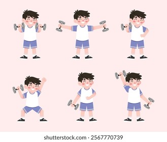 Happy Boy Child Lifting Weights Cartoon Illustration Fitness Exercise Healthy Lifestyle