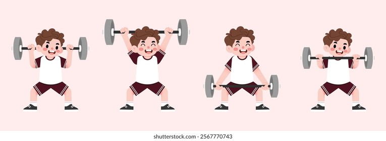 Happy Boy Child Lifting Weights Cartoon Illustration Fitness Exercise Healthy Lifestyle